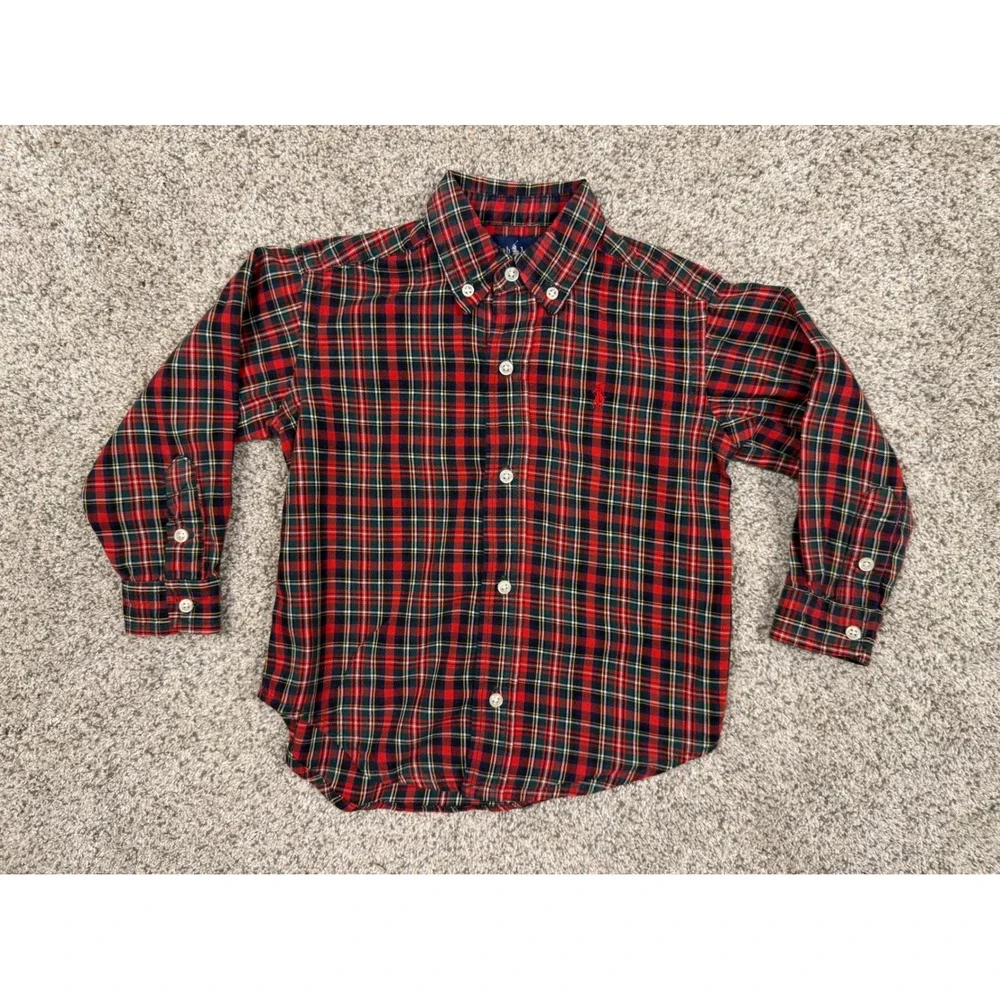 Ralph Lauren Kids Red Green Tartan Plaid Button Down Shirt 3/3T Cotton